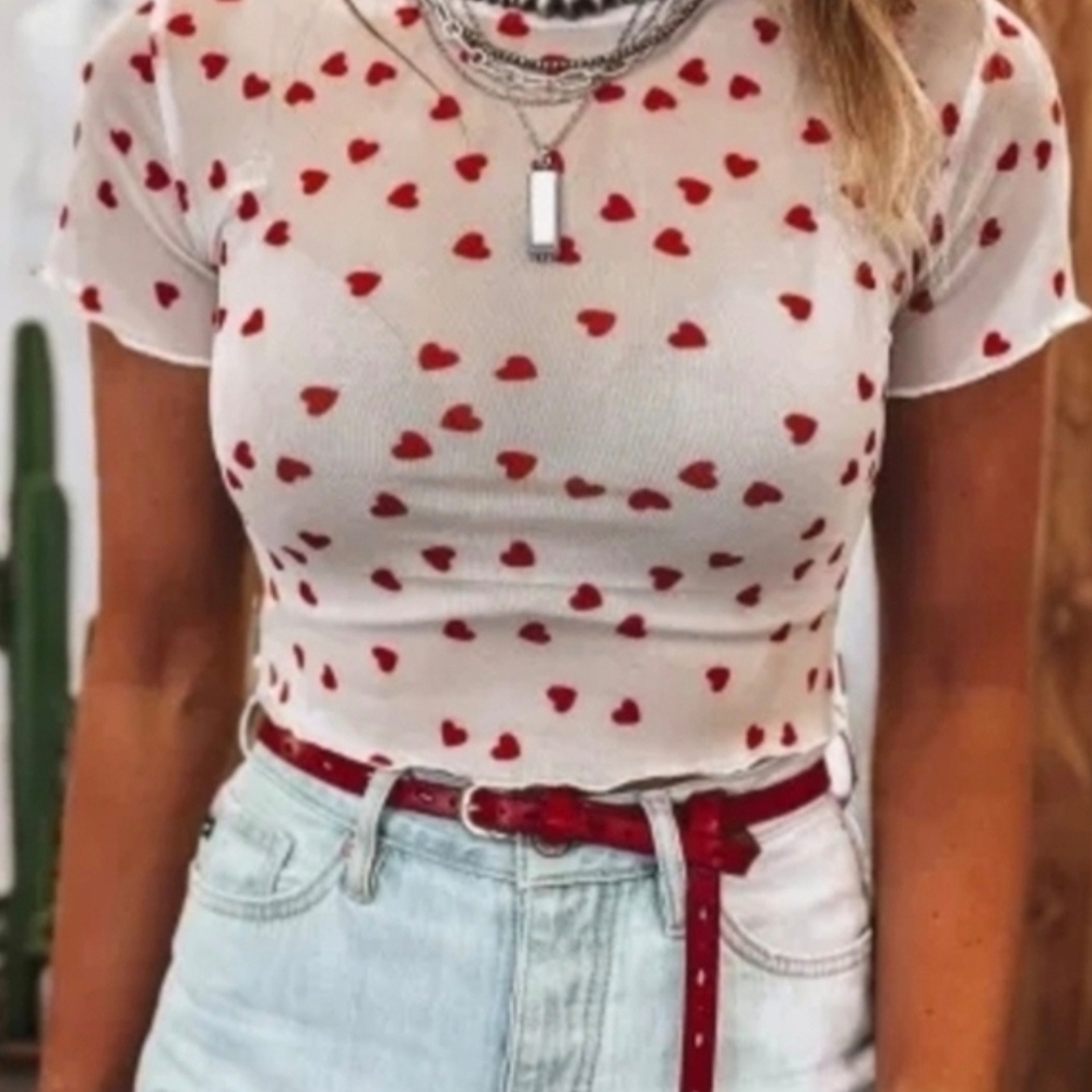 Polly Red Heart Print Mesh Women's Crop Top